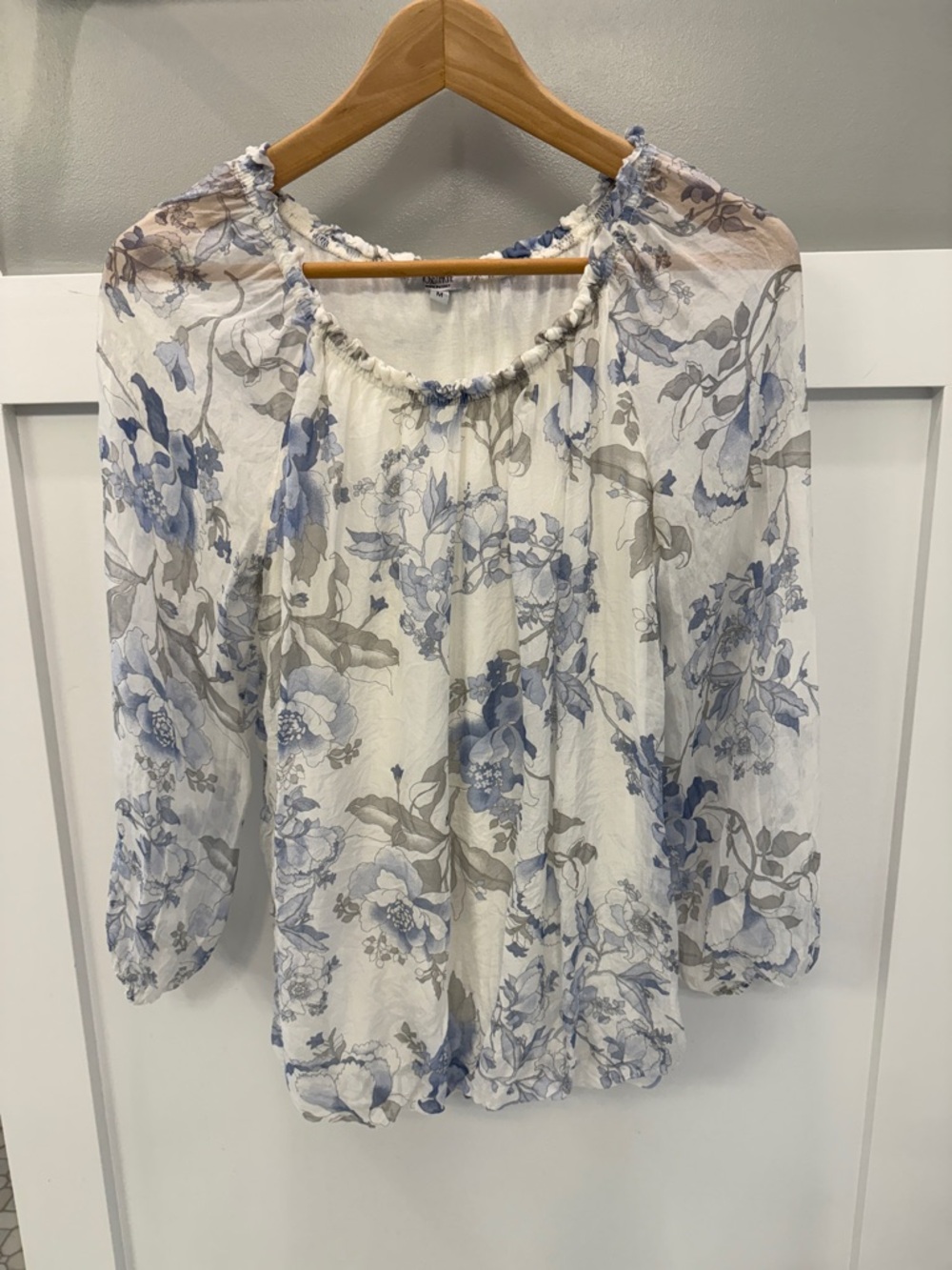 Made in Italy Silk Floral Blouse with Smocked Neck